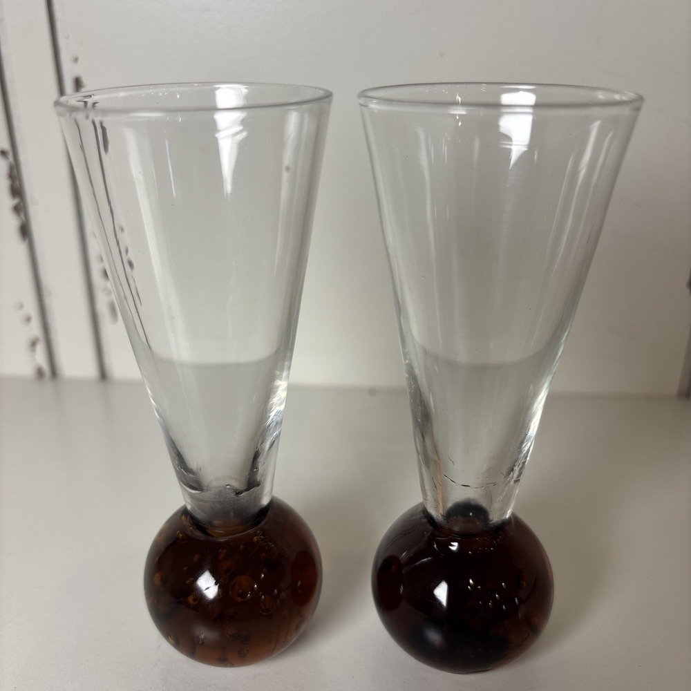 Vintage 2 Cordial Shot‎ Glass Amber Bubble Ball Bottom Base Colored Glass 4 1/2" - Picture 2 of 7